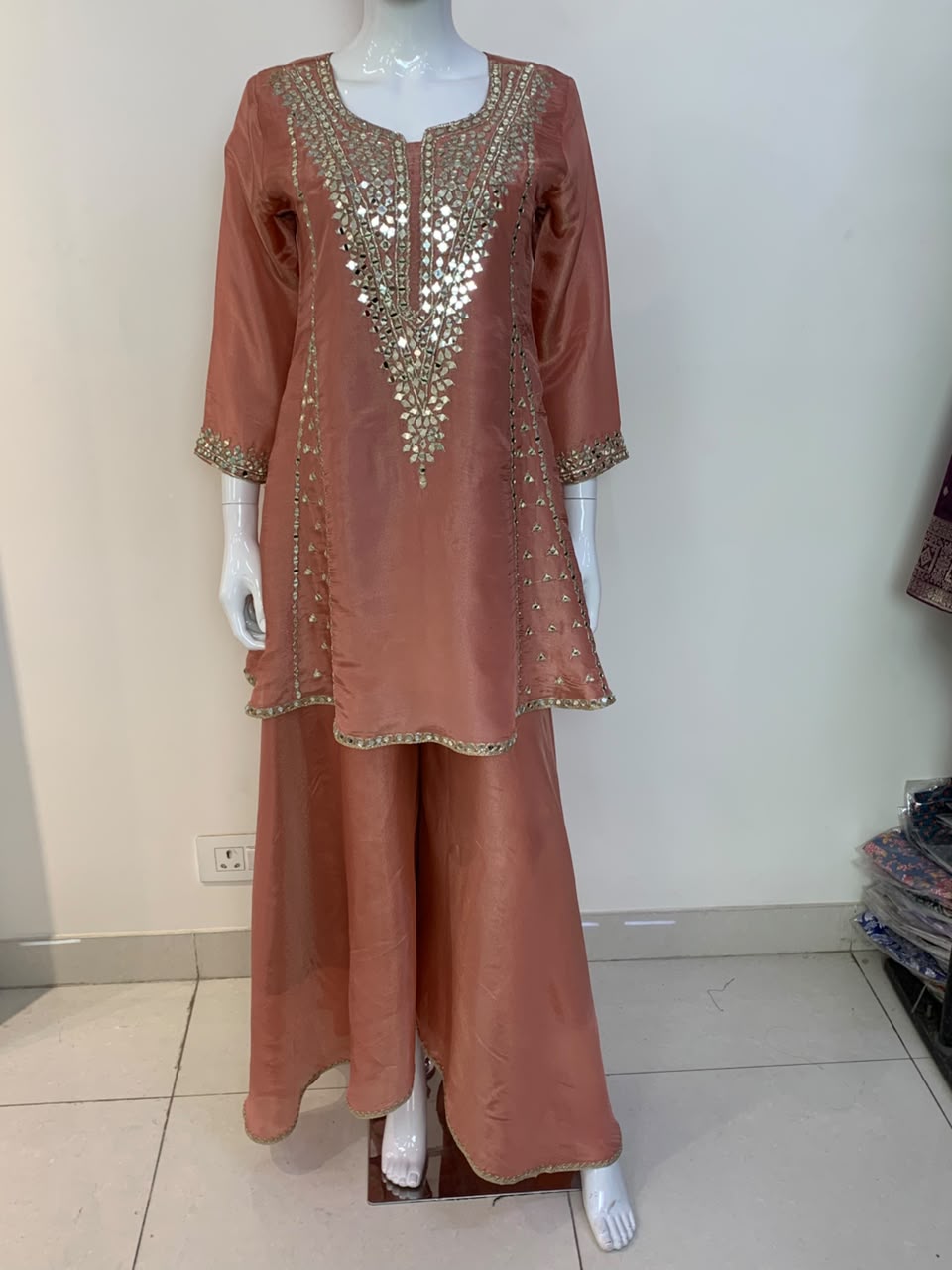 Green, Rust & Off-White Ivory Shimmer Tissue A-Line Anarkali Suit with Sharara & Dupatta