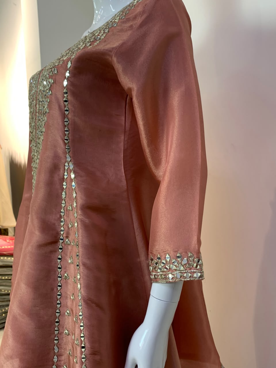 Green, Rust & Off-White Ivory Shimmer Tissue A-Line Anarkali Suit with Sharara & Dupatta
