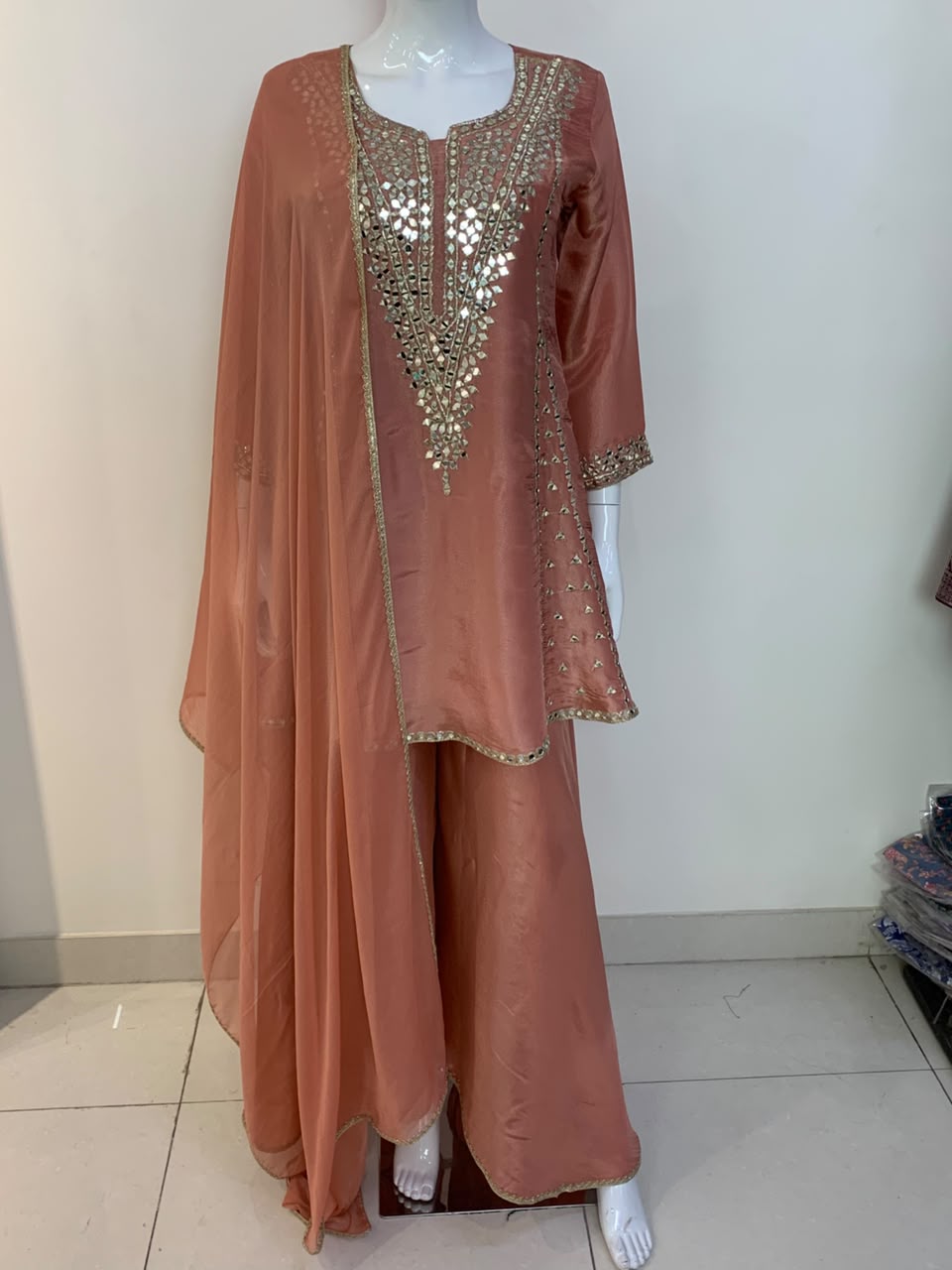 Green, Rust & Off-White Ivory Shimmer Tissue A-Line Anarkali Suit with Sharara & Dupatta