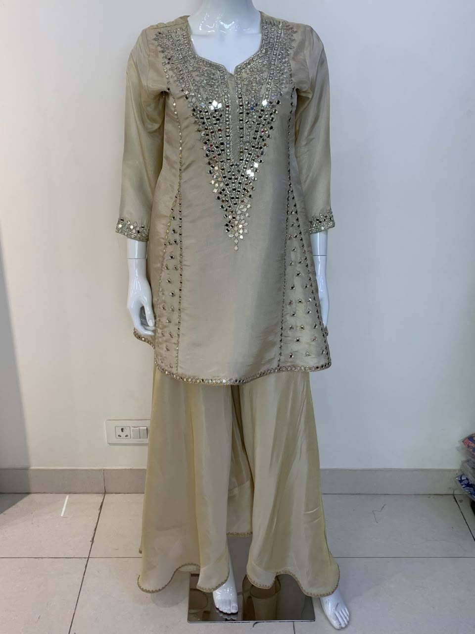 Green, Rust & Off-White Ivory Shimmer Tissue A-Line Anarkali Suit with Sharara & Dupatta