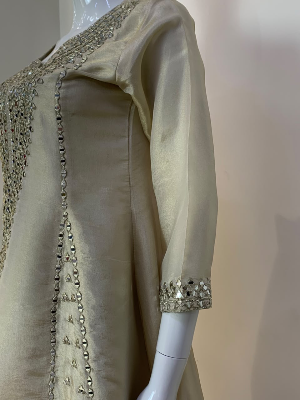 Green, Rust & Off-White Ivory Shimmer Tissue A-Line Anarkali Suit with Sharara & Dupatta