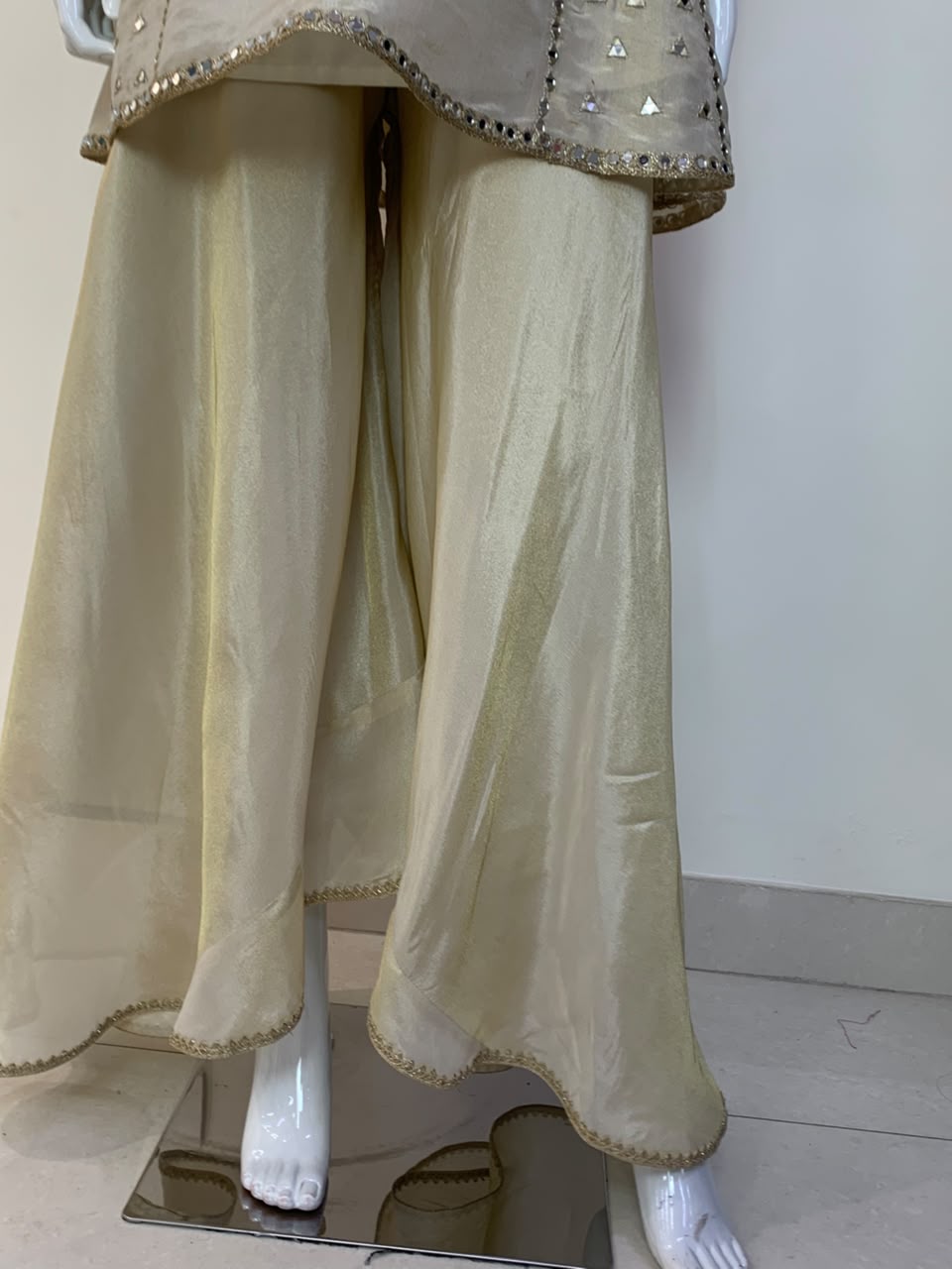 Green, Rust & Off-White Ivory Shimmer Tissue A-Line Anarkali Suit with Sharara & Dupatta