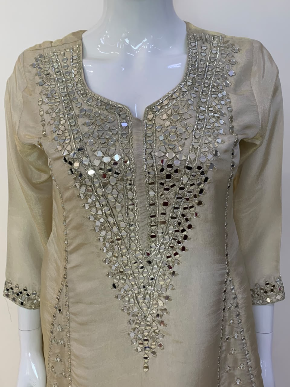 Green, Rust & Off-White Ivory Shimmer Tissue A-Line Anarkali Suit with Sharara & Dupatta