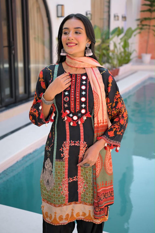 Black Pure Crepe Digital Print Suit with Mirror Work & Farshi Salwaar