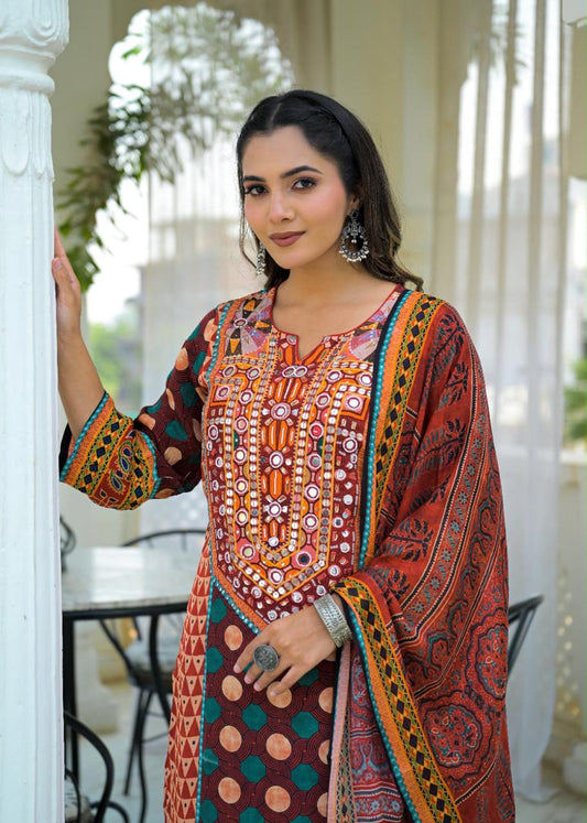 Rust Pure Crepe Digital Print Suit with Mirror Work, Straight Matching Trouser  & Chinon Dupatta