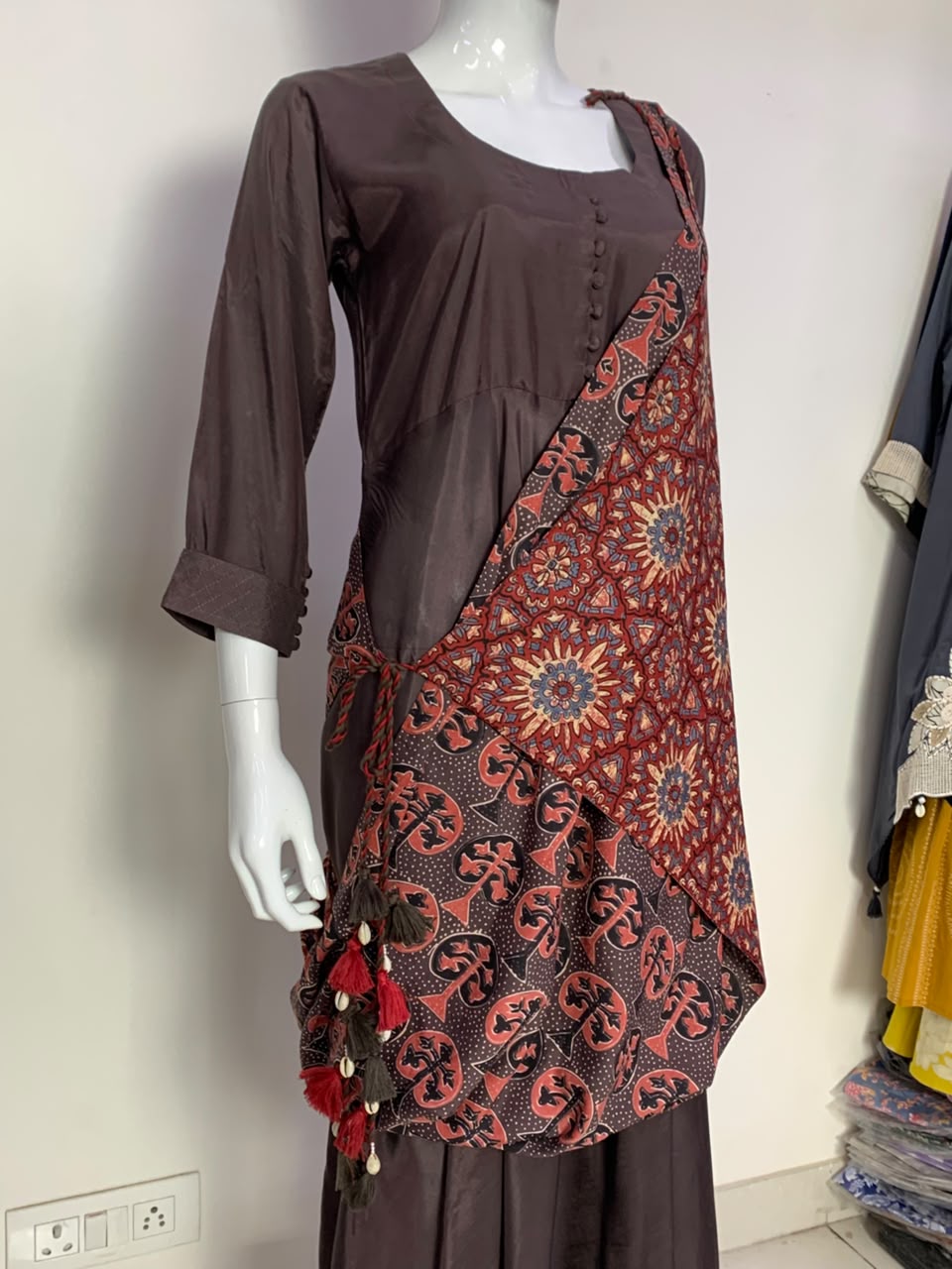 Brown Modal Indo-Western One Piece Dress with Ajrakh Reversible Scarf