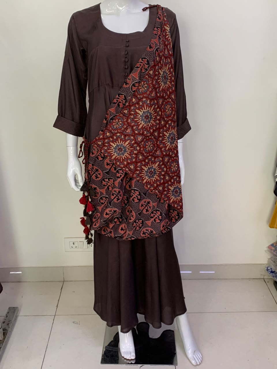 Brown Modal Indo-Western One Piece Dress with Ajrakh Reversible Scarf