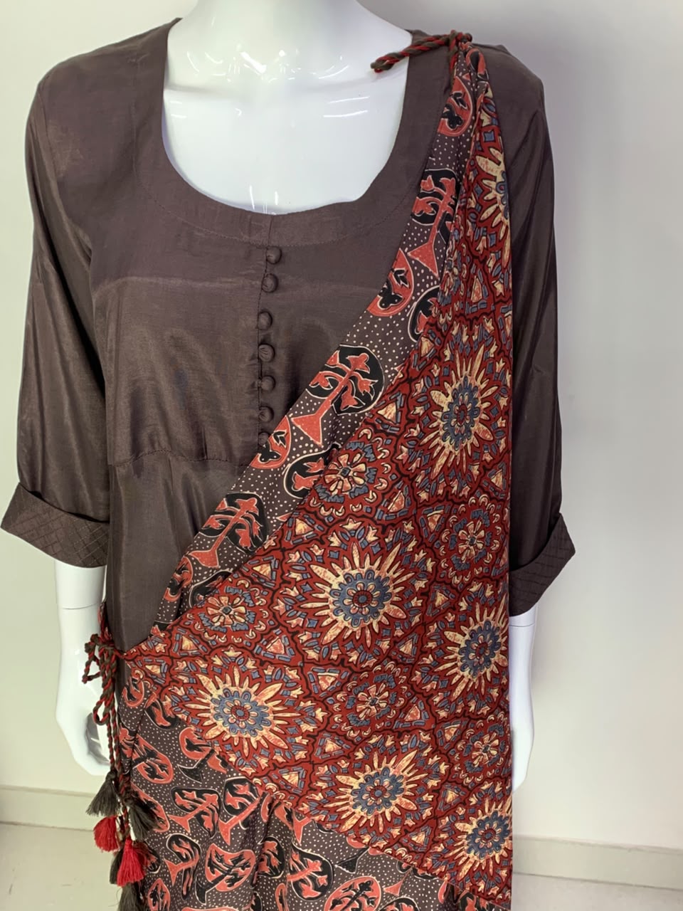 Brown Modal Indo-Western One Piece Dress with Ajrakh Reversible Scarf
