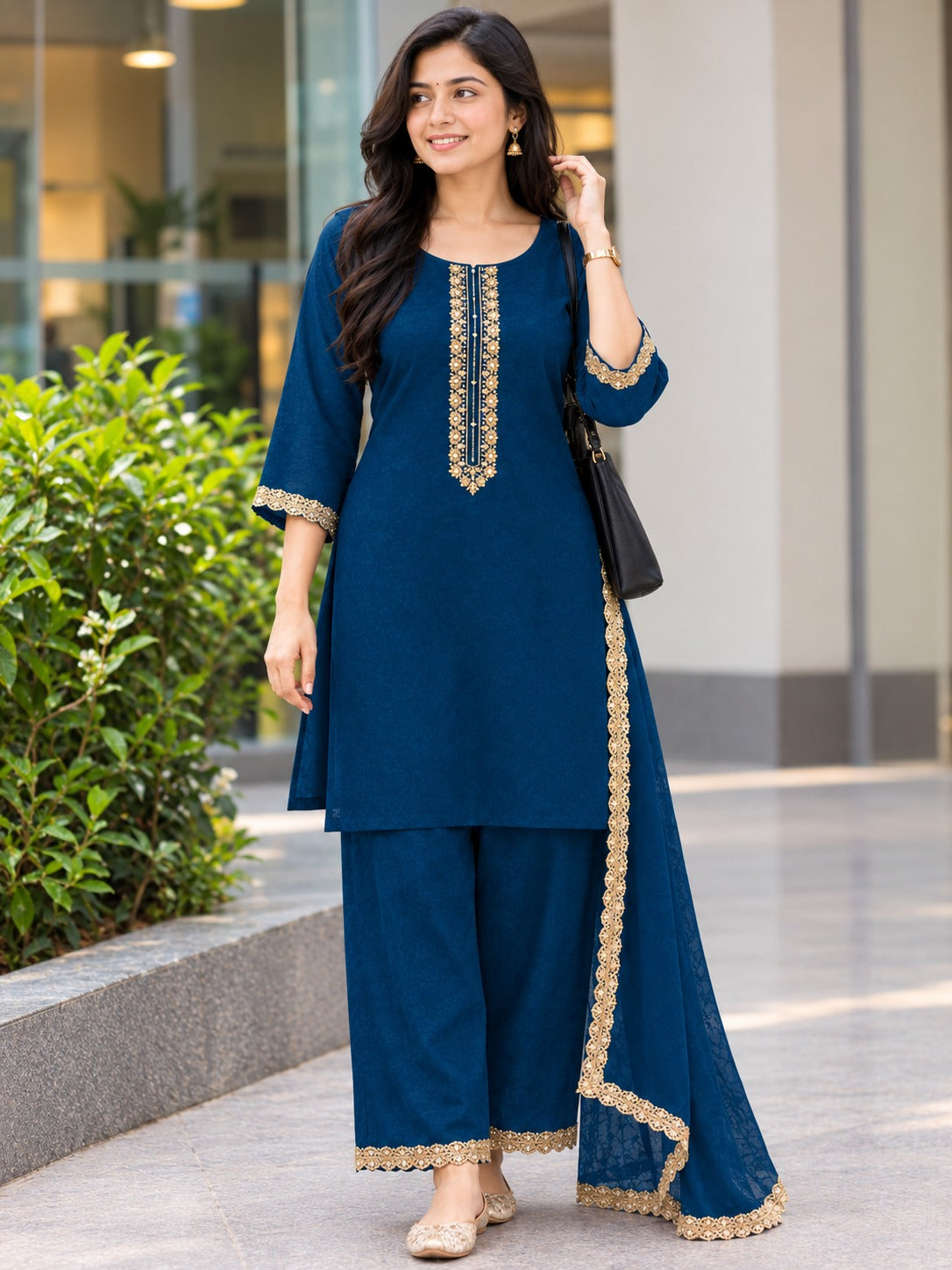 Magenta, Maroon &  Blue Pure Chinon Short Length Party Wear Suit with Embroidered Neck & Lace Dupatta
