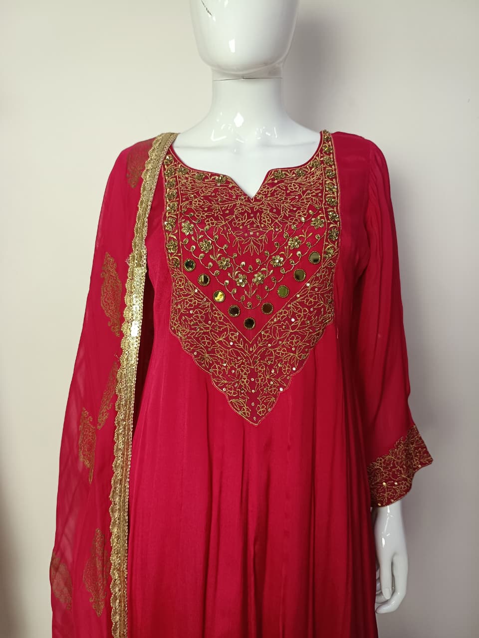 Majenta & Black Pure Chinon Anarkali Suit with Zari & Mirror Work and Organza Dupatta