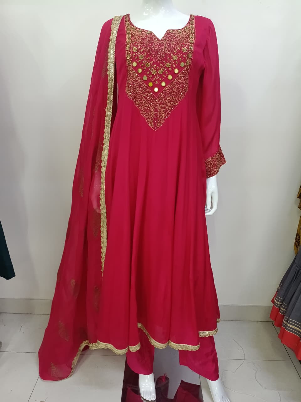 Majenta & Black Pure Chinon Anarkali Suit with Zari & Mirror Work and Organza Dupatta