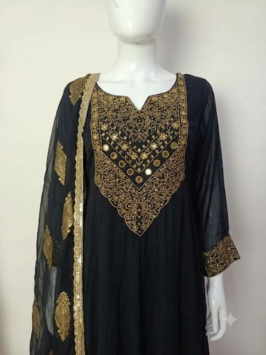 Majenta & Black Pure Chinon Anarkali Suit with Zari & Mirror Work and Organza Dupatta