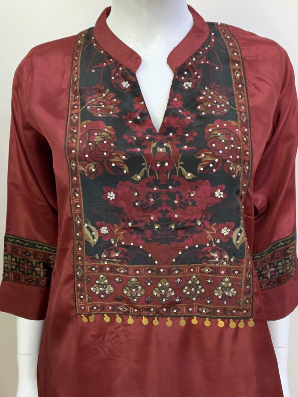Maroon Pure Crepe Digital Print Co-ord Set with Stone Work