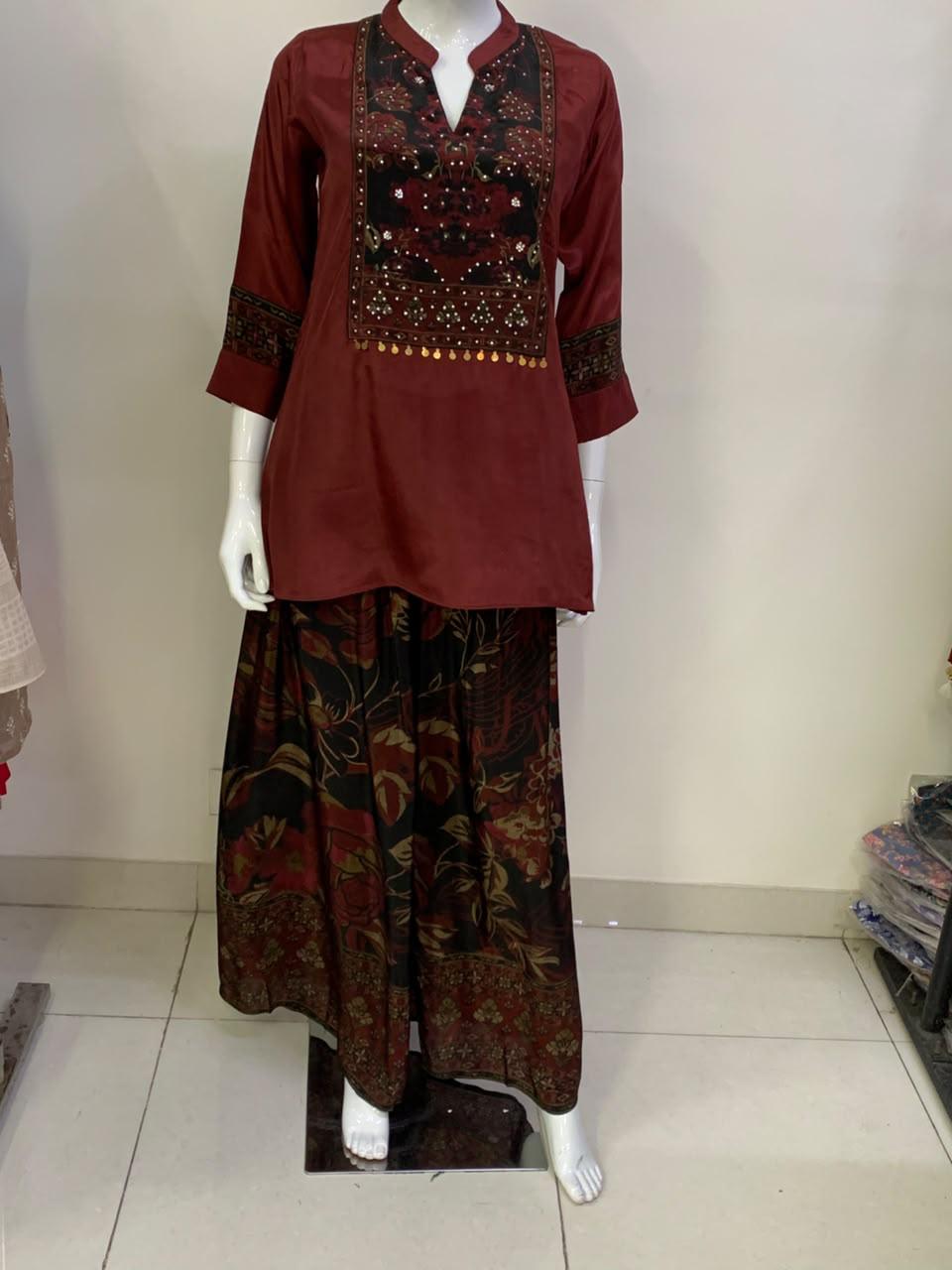 Maroon Pure Crepe Digital Print Co-ord Set with Stone Work