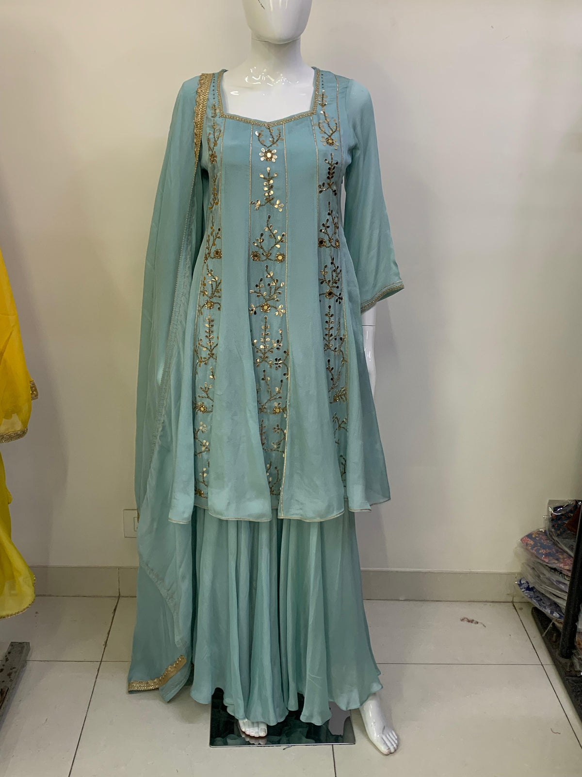 Mouse Pure Chinon Short Anarkali Suit with Sharara & Organza Dupatta