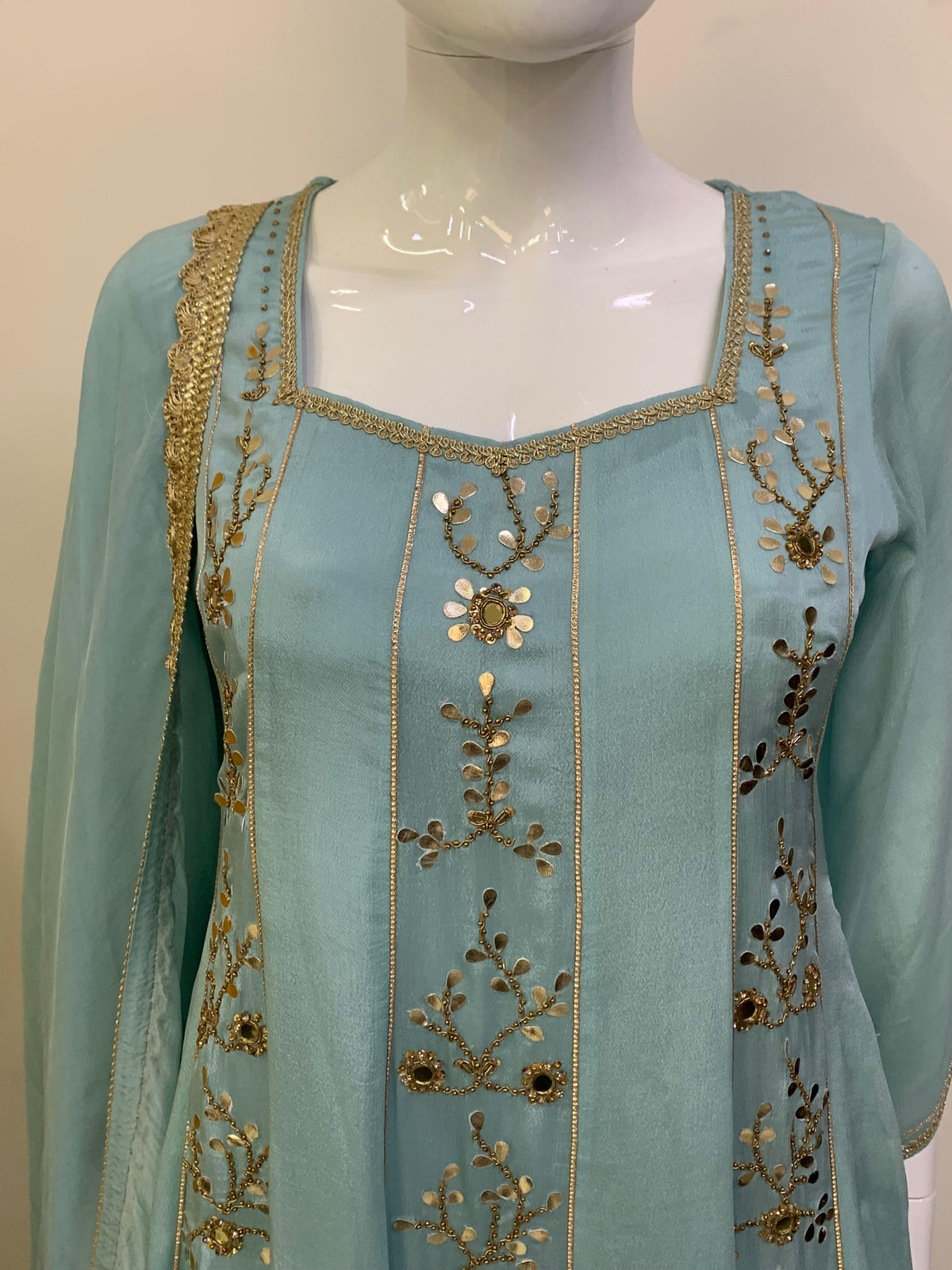 Mouse Pure Chinon Short Anarkali Suit with Sharara & Organza Dupatta