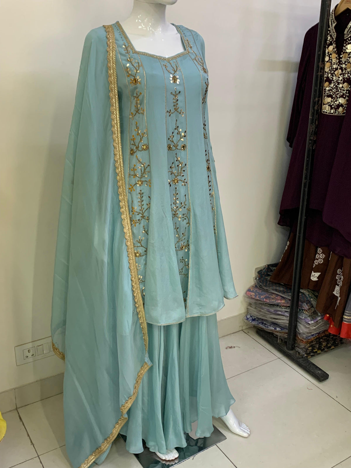 Mouse Pure Chinon Short Anarkali Suit with Sharara & Organza Dupatta