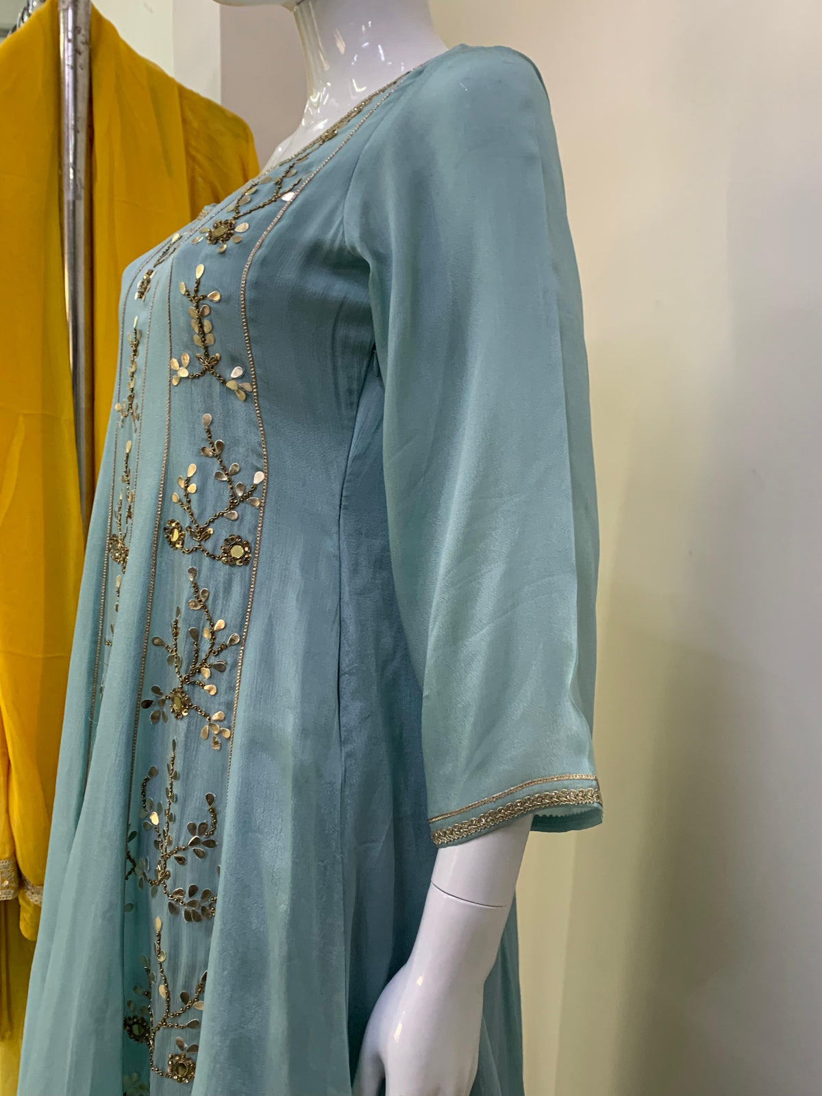 Mouse Pure Chinon Short Anarkali Suit with Sharara & Organza Dupatta