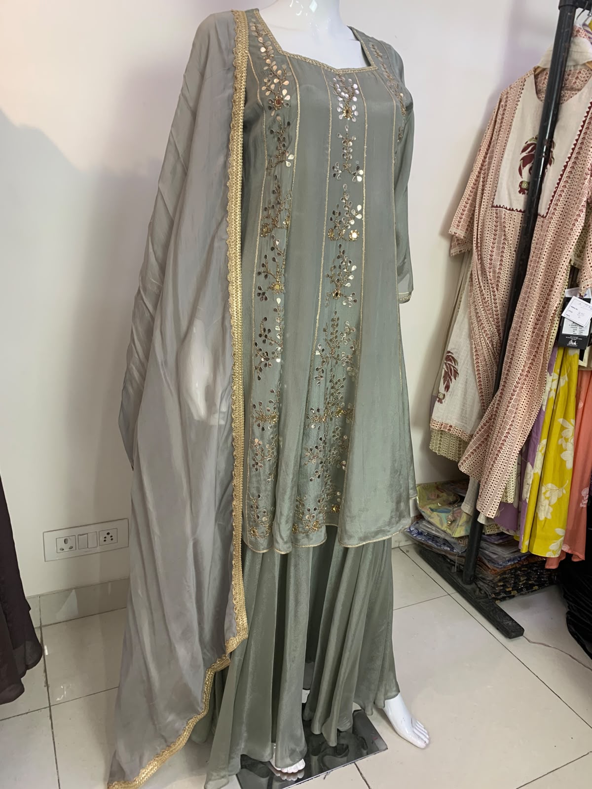 Mouse Pure Chinon Short Anarkali Suit with Sharara & Organza Dupatta