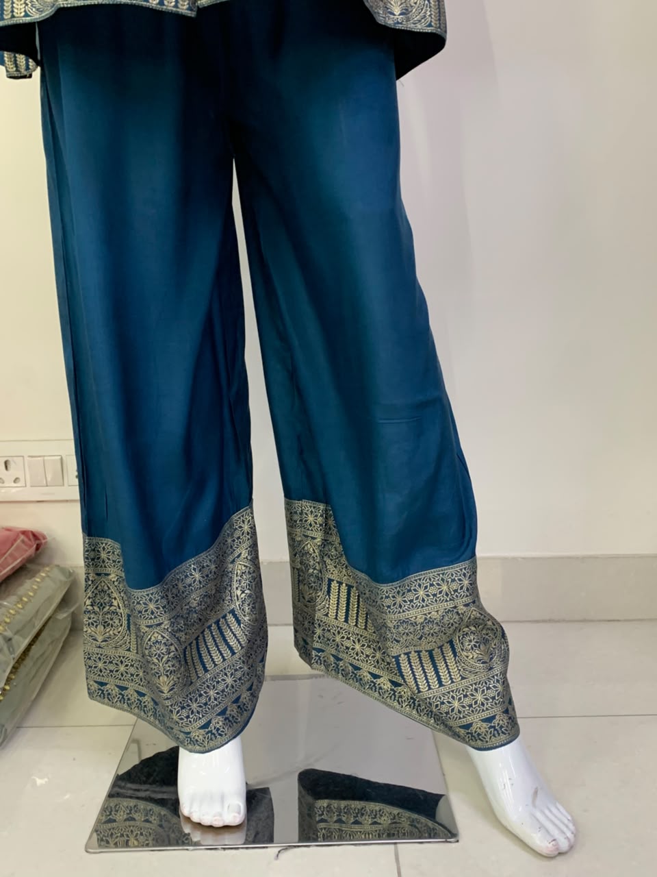 Blue Dola Silk Bustier Top & Jacket Co-ord Set with Jacquard Borders. (Design no. 12225)