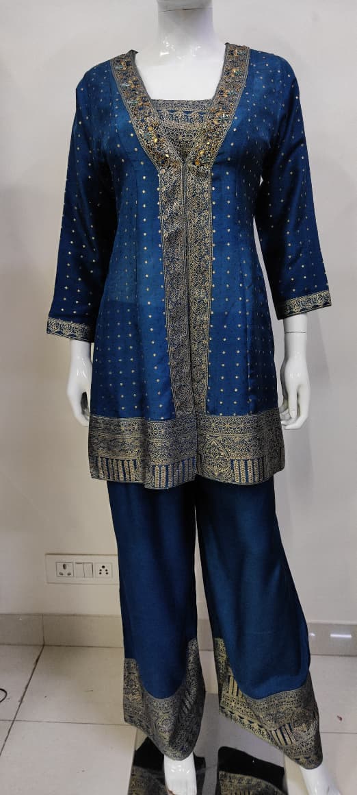 Blue Dola Silk Bustier Top & Jacket Co-ord Set with Jacquard Borders. (Design no. 12225)