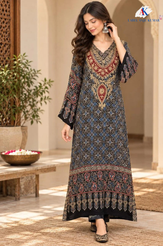 Blue Ajrakh Print Long One-Piece Dress in Pure Modal Satin with Zari & Mirror Work