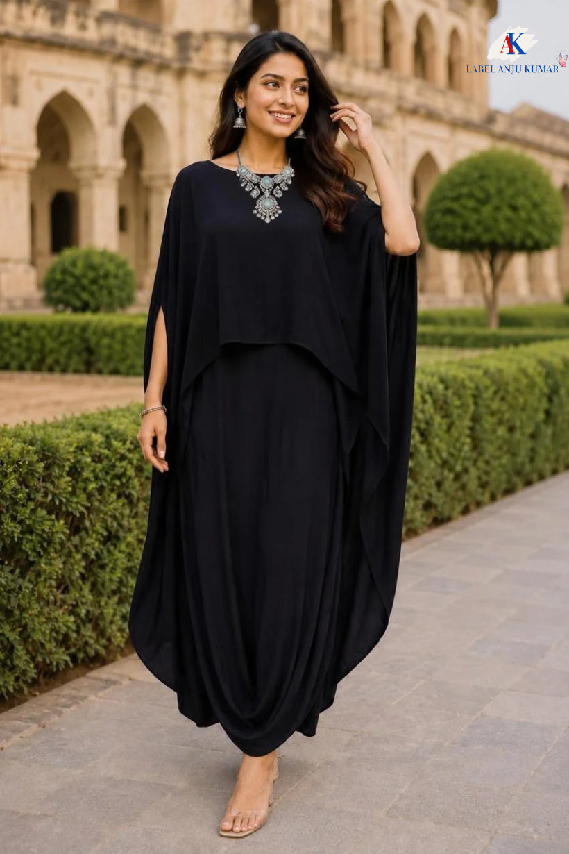 Black,Blue and Green Pure Natural Crape Indo-Western One-Piece Dress for Women | Semi Formal Party Wear