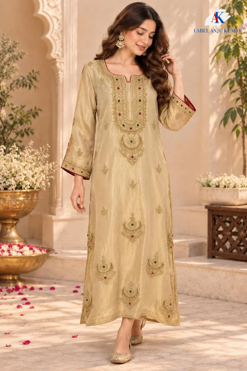 Blue,Pink,Green & Light Beige Shimmer Tissue One-Piece Party Wear Dress with Jhumka Hand Embroidery