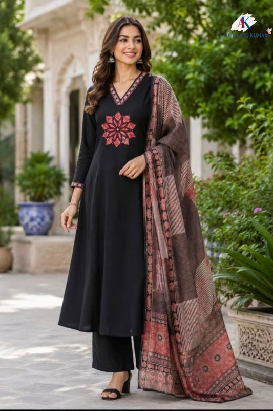 Black Pure Muslin V-Neck Suit with Patchwork & Printed Dupatta
