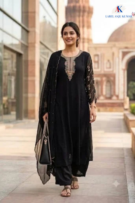 Black & Mehroon Pure Georgette Semi-Formal Anarkali Suit with Hand Embroidery