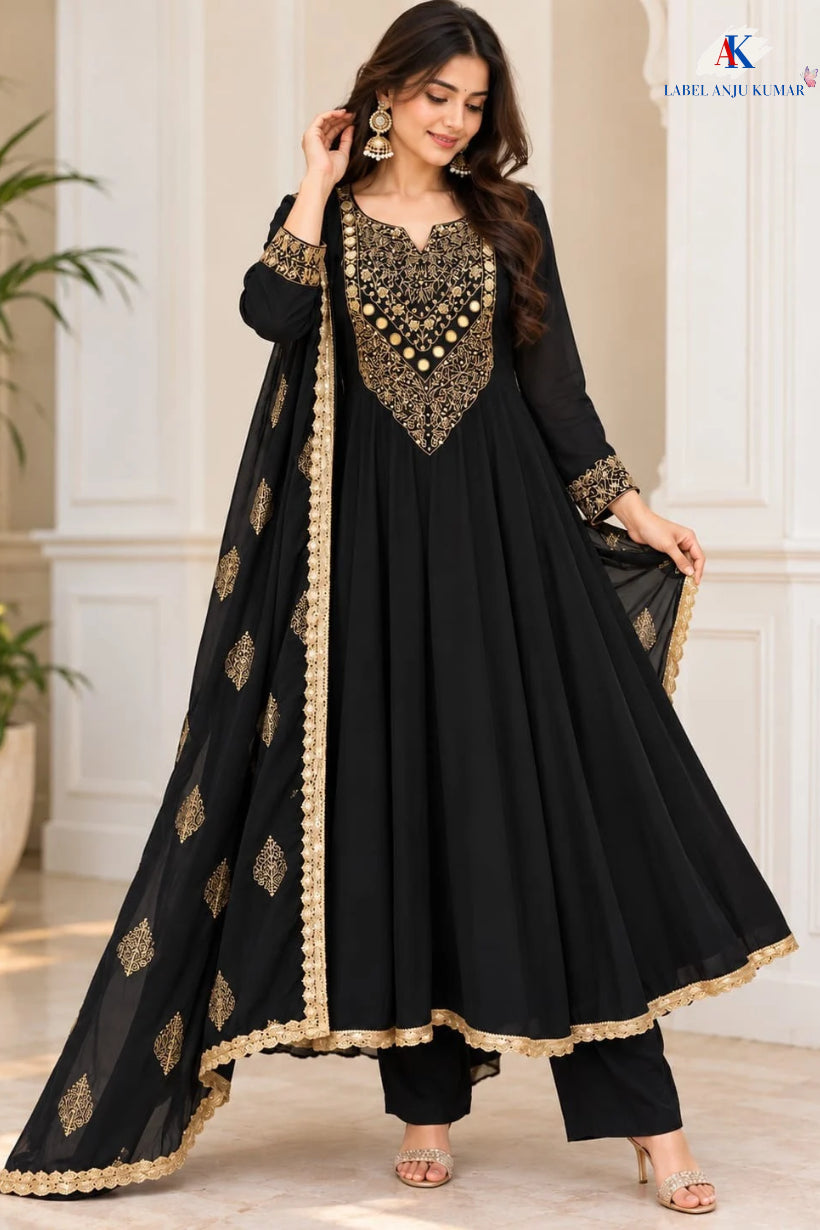 Majenta & Black Pure Chinon Anarkali Suit with Zari & Mirror Work and Organza Dupatta