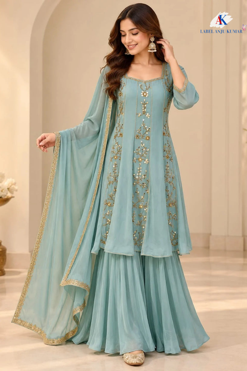 Mouse Pure Chinon Short Anarkali Suit with Sharara & Organza Dupatta