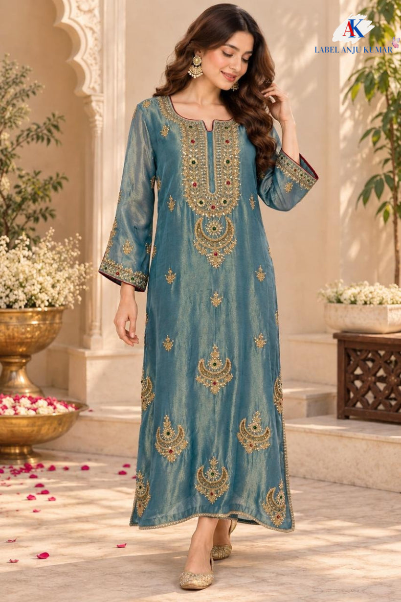 Blue,Pink,Green & Light Beige Shimmer Tissue One-Piece Party Wear Dress with Jhumka Hand Embroidery