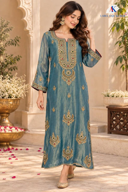 Blue,Pink,Green & Light Beige Shimmer Tissue One-Piece Party Wear Dress with Jhumka Hand Embroidery