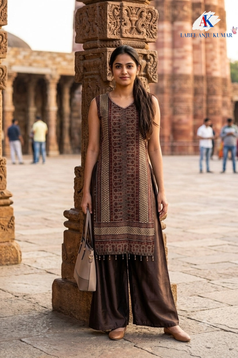 Brown Pure Crepe Ajrakh Indo-Western Co-ord Set with Embroidered V-Neck