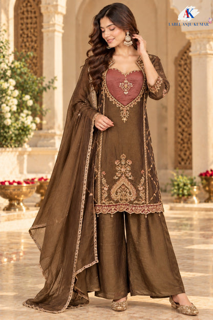 Coffee,Beige & Light Ivory Premium Tissue Semi-Formal Suit with Hand Embroidery & Lace Dupatta