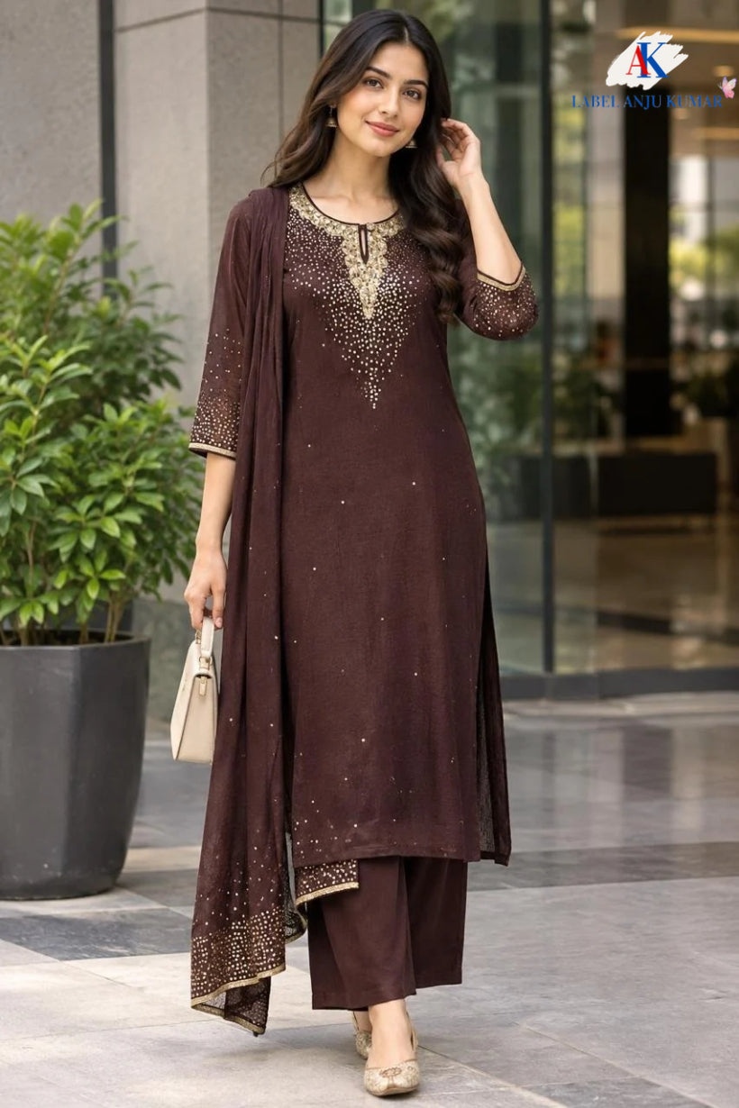 Majinta, Red, Brown & Mehroon Pure Chinon Handwork Straight Suit Dupatta Set | Des.no-12127