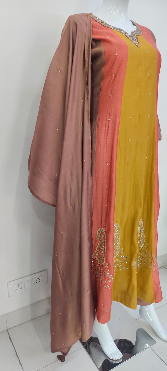 Multicolour Pure Mal Chanderi Anarkali Suit with Hand Embroidery