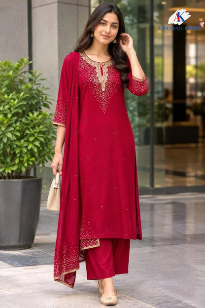 Majinta, Red, Brown & Mehroon Pure Chinon Handwork Straight Suit Dupatta Set | Des.no-12127