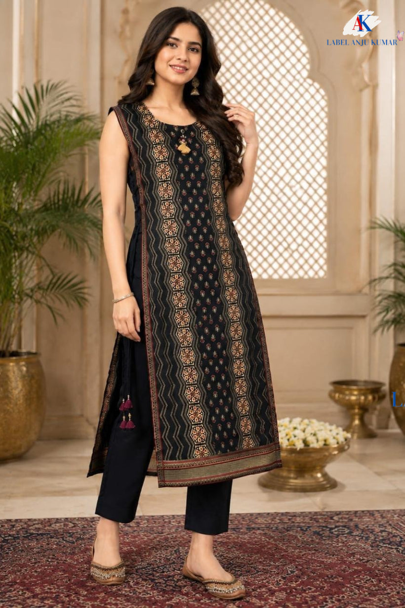 Black Pure Crepe Ajrakh Printed Indo-Western Co-ord Set with Hand Embroidery