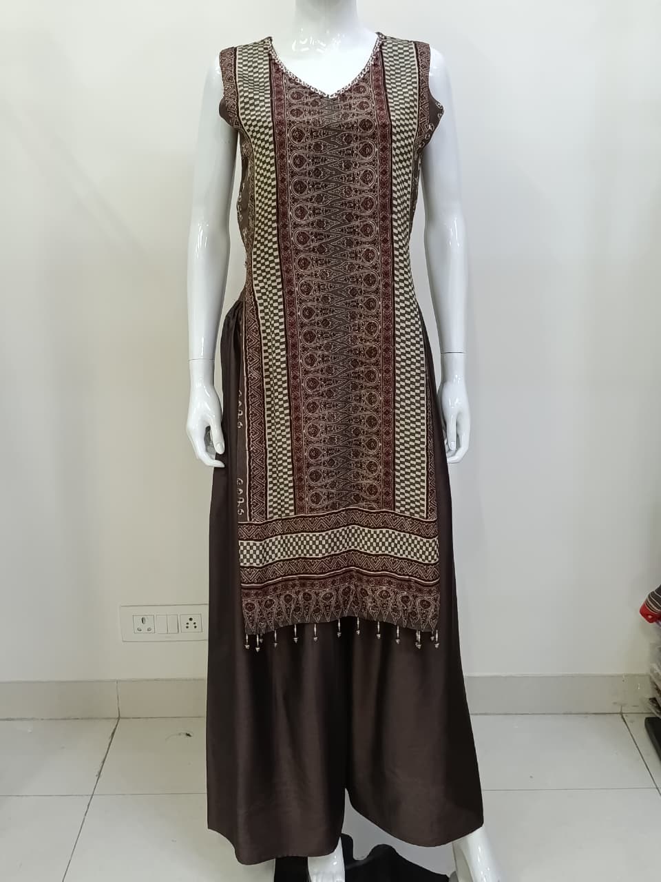 Brown Pure Crepe Ajrakh Indo-Western Co-ord Set with Embroidered V-Neck