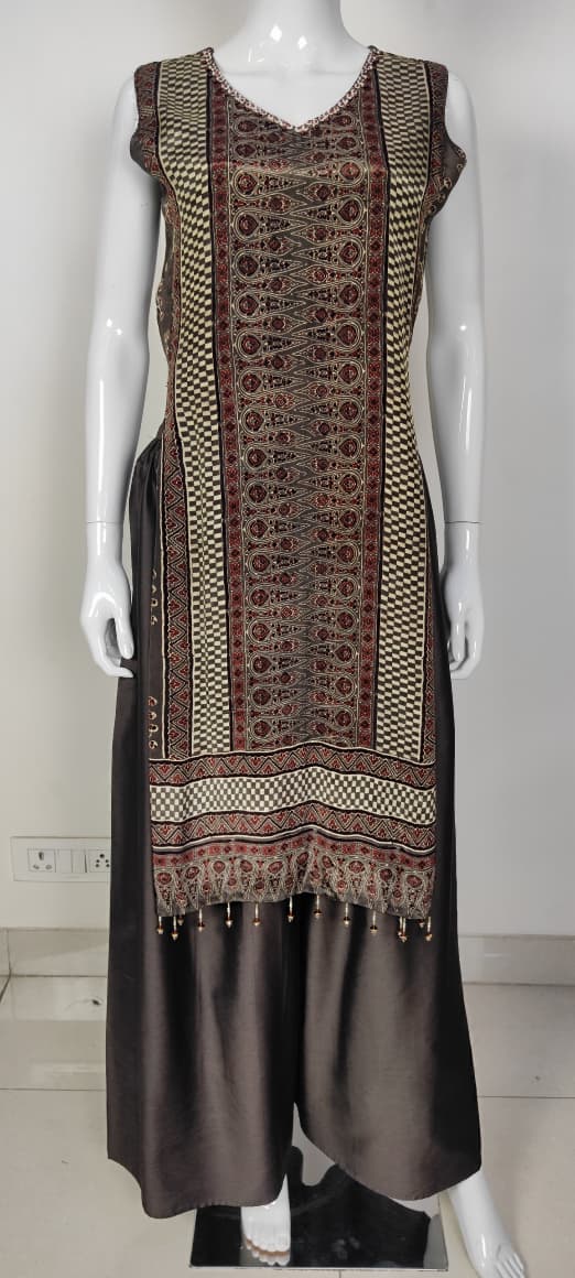 Brown Pure Crepe Ajrakh Indo-Western Co-ord Set with Embroidered V-Neck