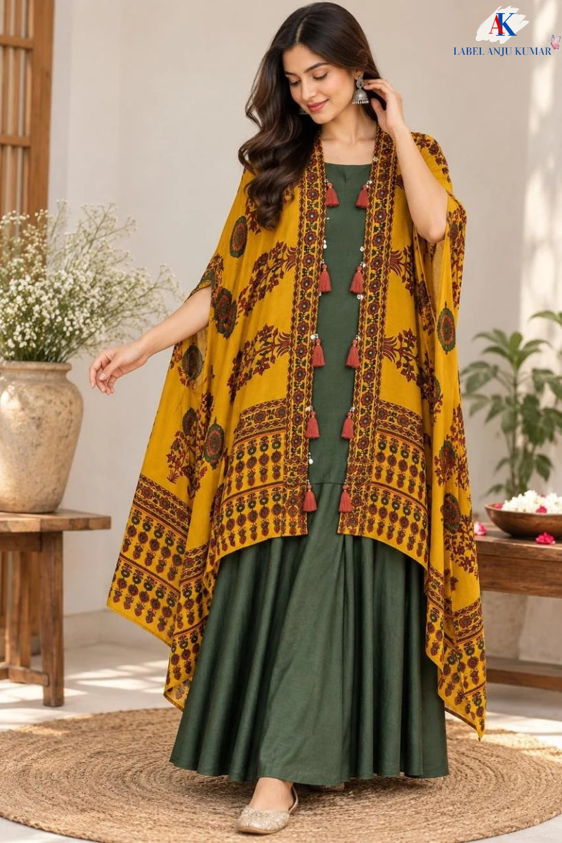 Green & Mehndi Pure Crape Ajrakh Print Indo-Western Dress with Cape Jacket