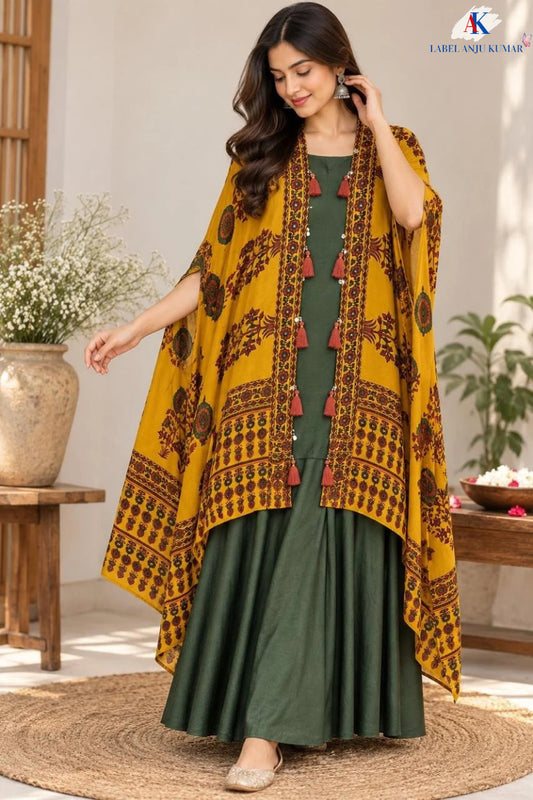 Green & Mehndi Pure Crape Ajrakh Print Indo-Western Dress with Cape Jacket
