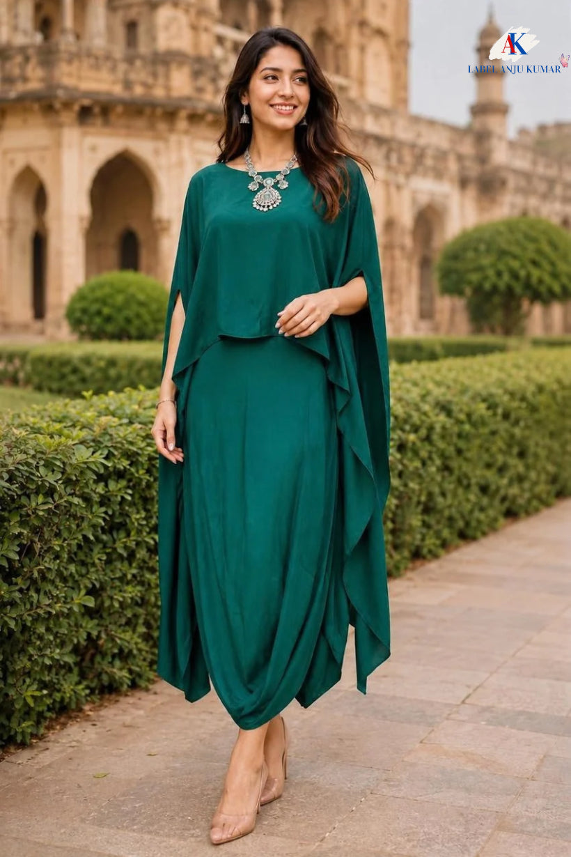 Black,Blue and Green Pure Natural Crape Indo-Western One-Piece Dress for Women | Semi Formal Party Wear