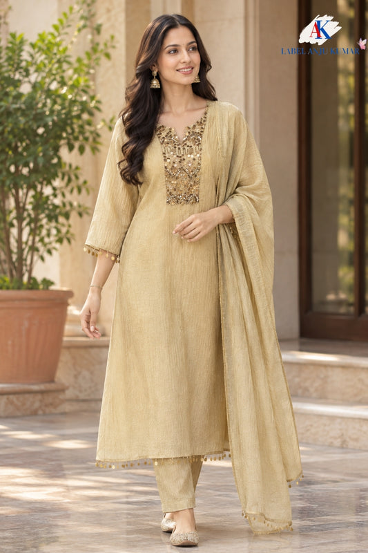 Beige/Gold Salsa Tissue Semi Formal Suit Dupatta Set for Women | Handwork Neck | M to 2XL