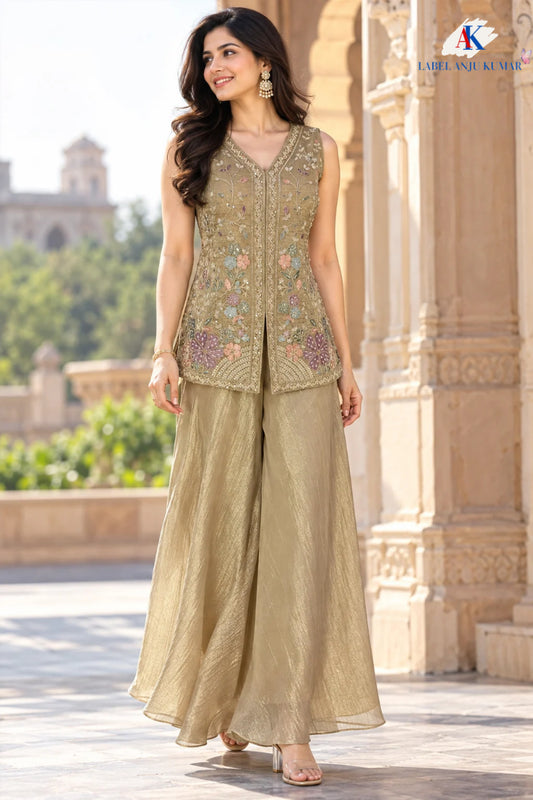 Golden Premium Tissue Sharara Suit with Hand Embroidered Long Choli & Necklace Dupatta