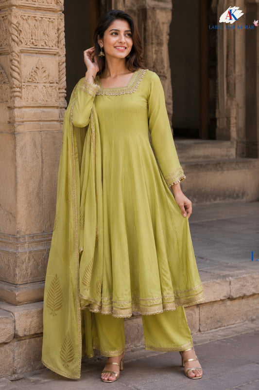 Liril Pure Chinon Anarkali Suit with Organza Dupatta & Lace Detailing