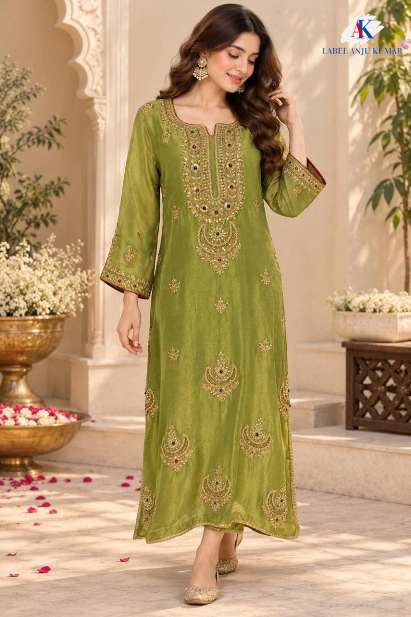 Blue,Pink,Green & Light Beige Shimmer Tissue One-Piece Party Wear Dress with Jhumka Hand Embroidery