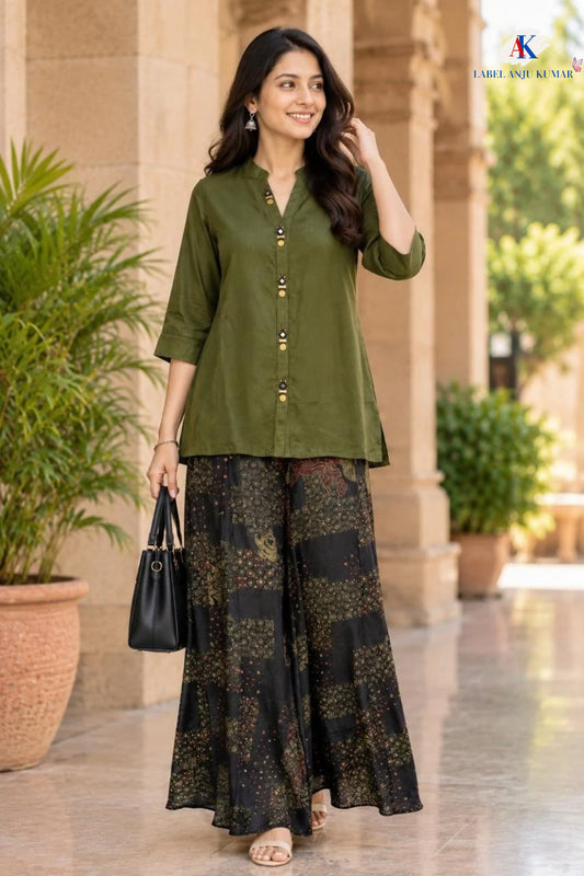 Green & Maroon Pure Crepe Digital Print Co-ord Set with Handwork